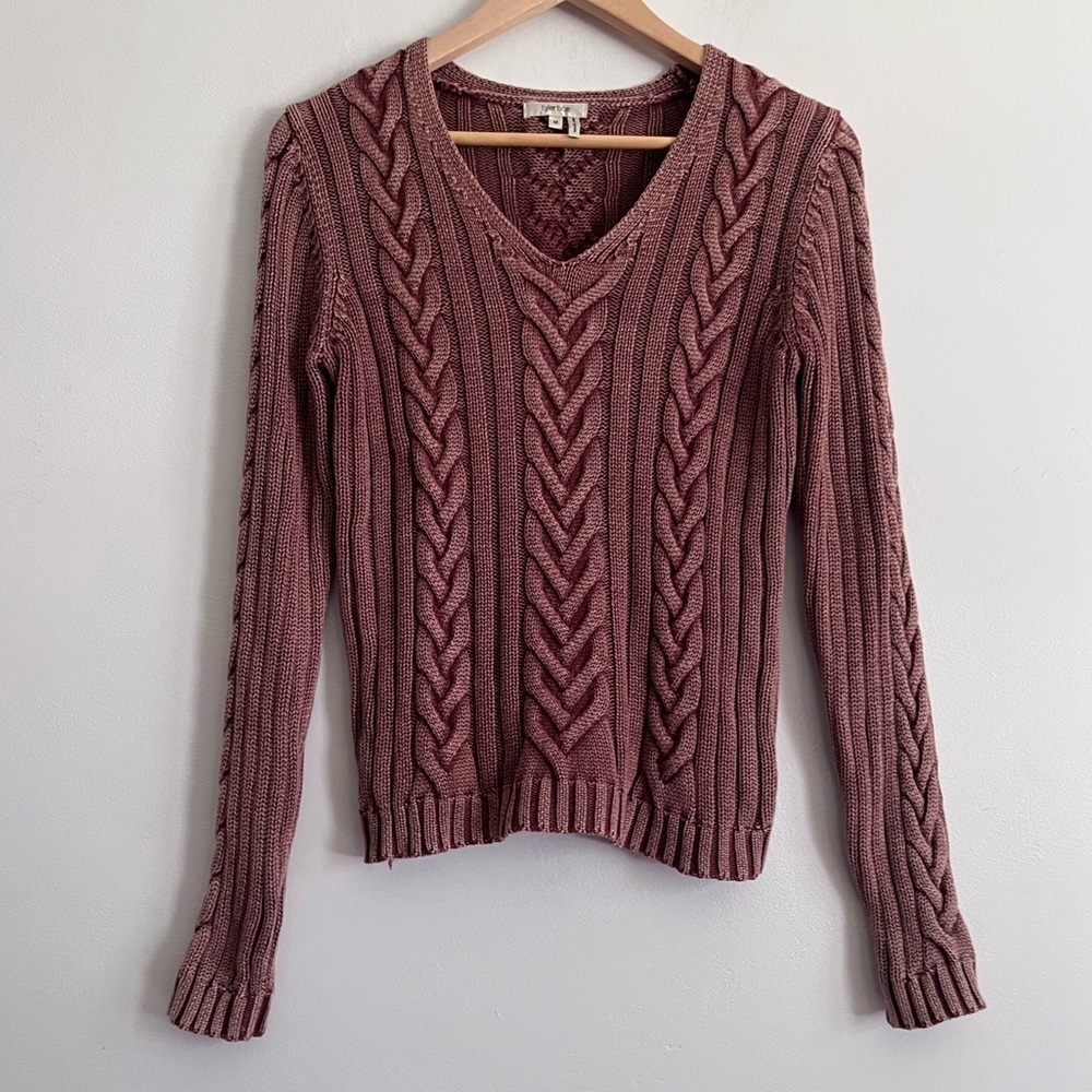 Tyler Boe Mineral Wash Red Orange Cotton Cable Knit V Neck BoHo Sweater